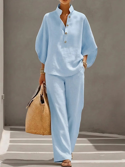 Vienna Collared Wide-Leg Linen Blend Two-Piece Co-ord Set for Women