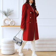 Women's Double-Breasted Long Wool-Blend Pea Coat with Notch Lapel