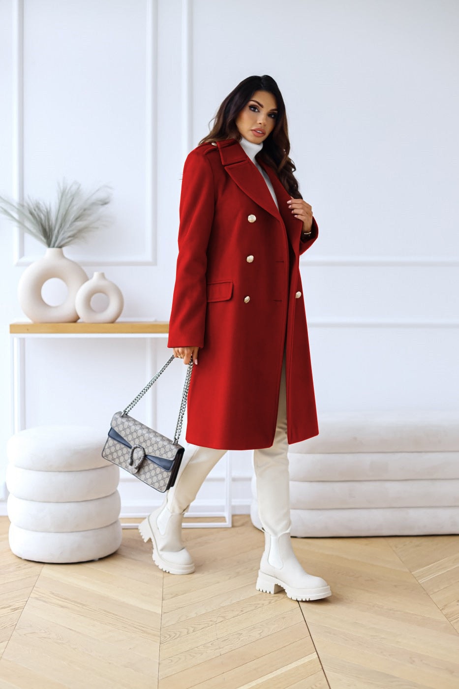 Women's Double-Breasted Long Wool-Blend Pea Coat with Notch Lapel