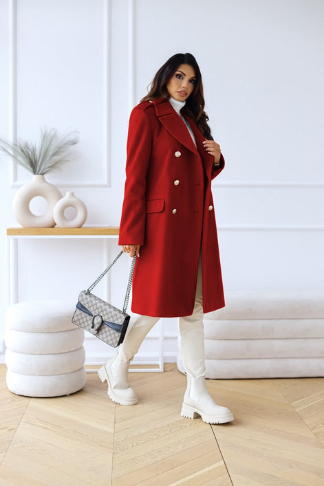 Women's Double-Breasted Long Wool-Blend Pea Coat with Notch Lapel