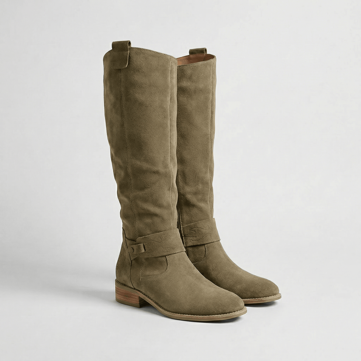 Women's Knee-High Slouch Boots with Buckle Strap Detail in Suede-Look Finish