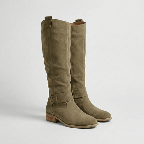 Women's Knee-High Slouch Boots with Buckle Strap Detail in Suede-Look Finish