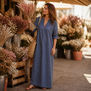 Vestara Striped V-Neck Maxi Dress with Pockets and Long Sleeves