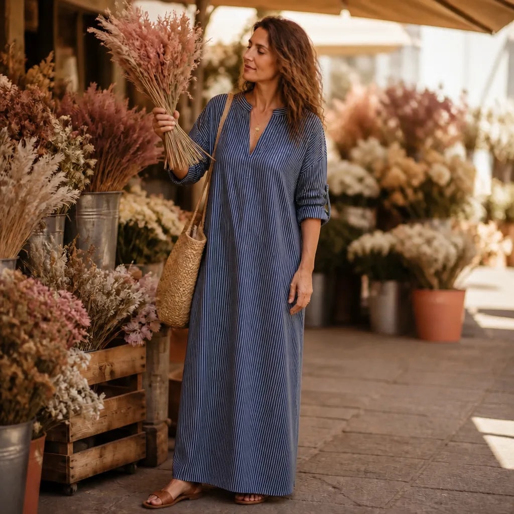Vestara Striped V-Neck Maxi Dress with Pockets and Long Sleeves