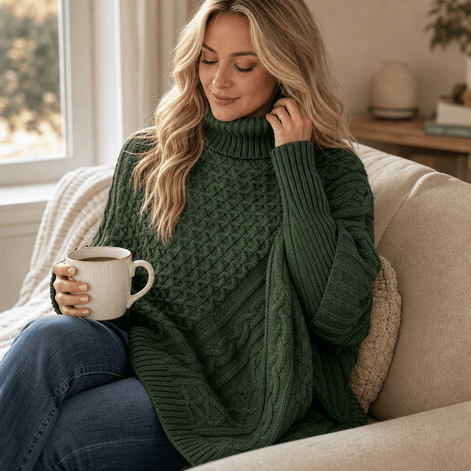Women's Cable-Knit Turtleneck Poncho Jumper with Ribbed Trim