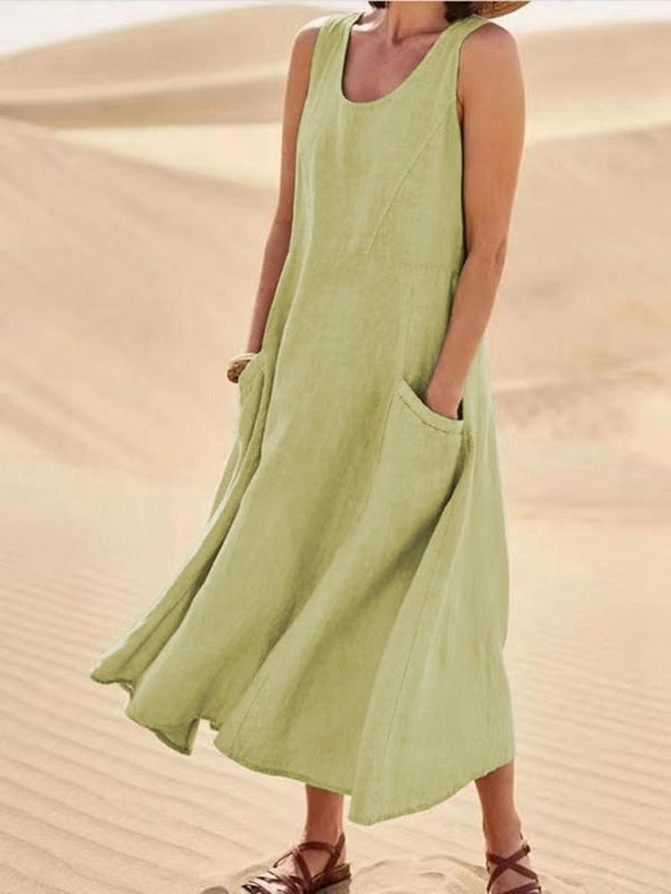 Sleeveless Linen Midi Dress with Pockets for a Christmas Party