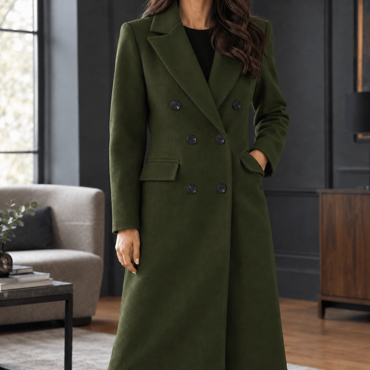 Women's Double-Breasted Cashmere Winter Coat with Wide Lapels