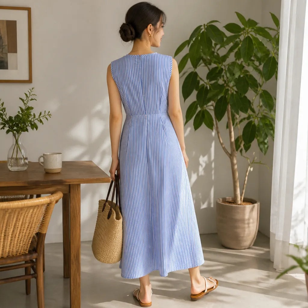 Women's Striped Wrap-Waist Sleeveless Midi Dress