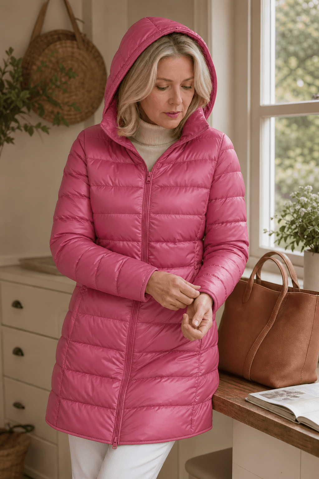 Women's Quilted Puffer Jacket with Detachable Hood and Packable Design