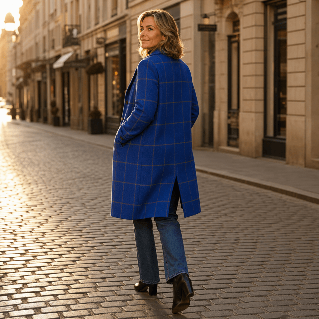 Women's Checkered Knee-Length Coat with Two-Button Front and Drop Shoulders