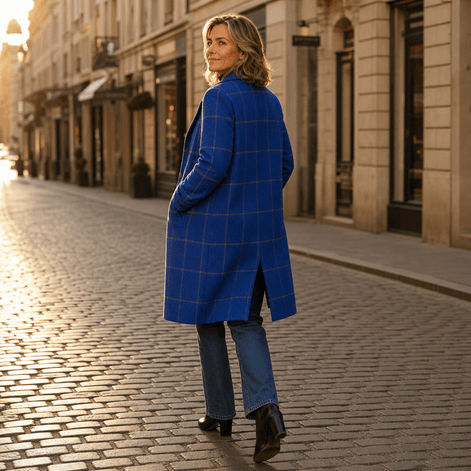 Women's Checkered Knee-Length Coat with Two-Button Front and Drop Shoulders
