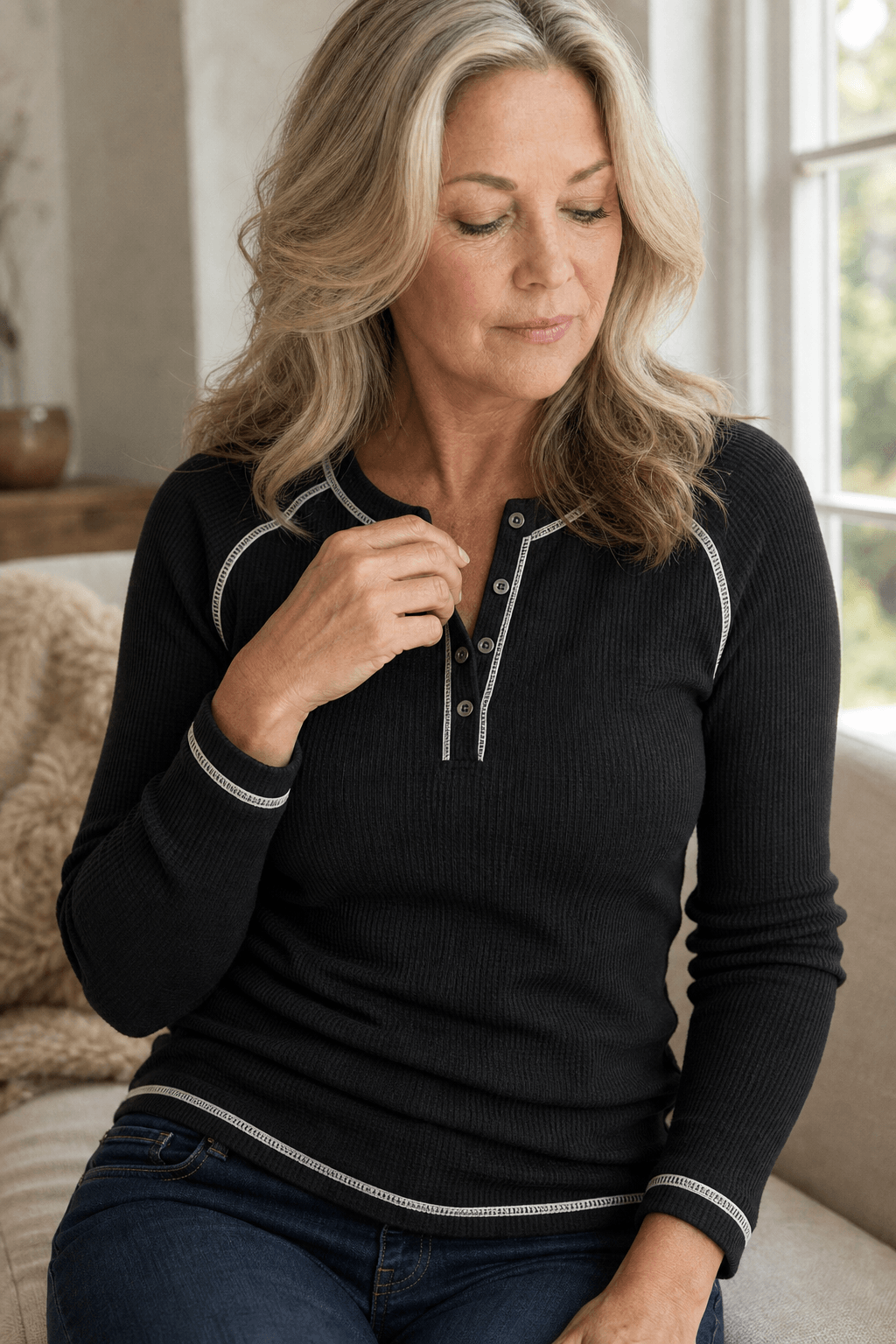 Women's Waffle Knit Henley Top with Button Placket