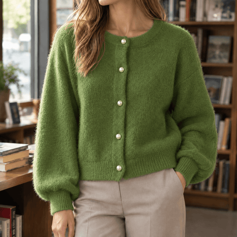 Oriane-Claire Fuzzy Knitted Cardigan for Women with Pearl Buttons