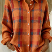 Sarah Plaid Button-Front Knitted Cardigan with Collar