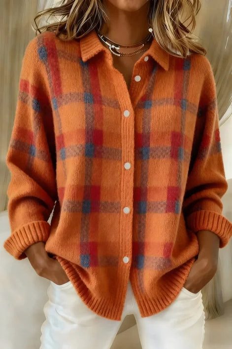 Sarah Plaid Button-Front Knitted Cardigan with Collar