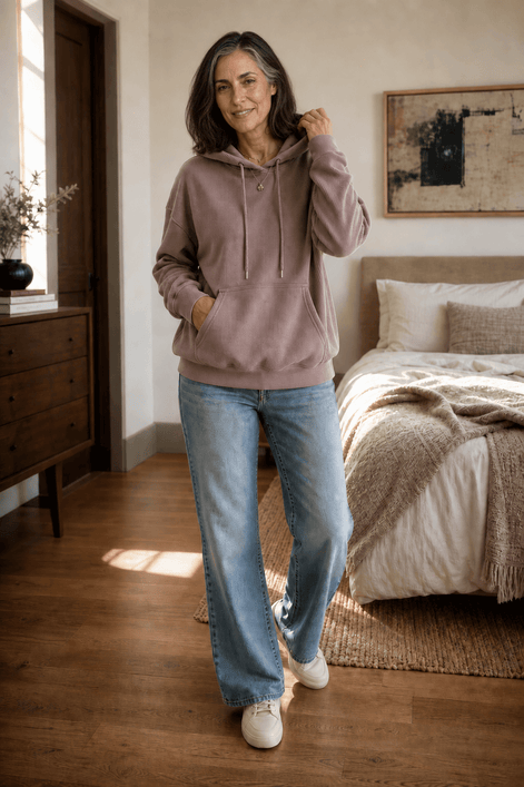 Ribbed Corduroy-Look Hoodie with Front Pocket for Women
