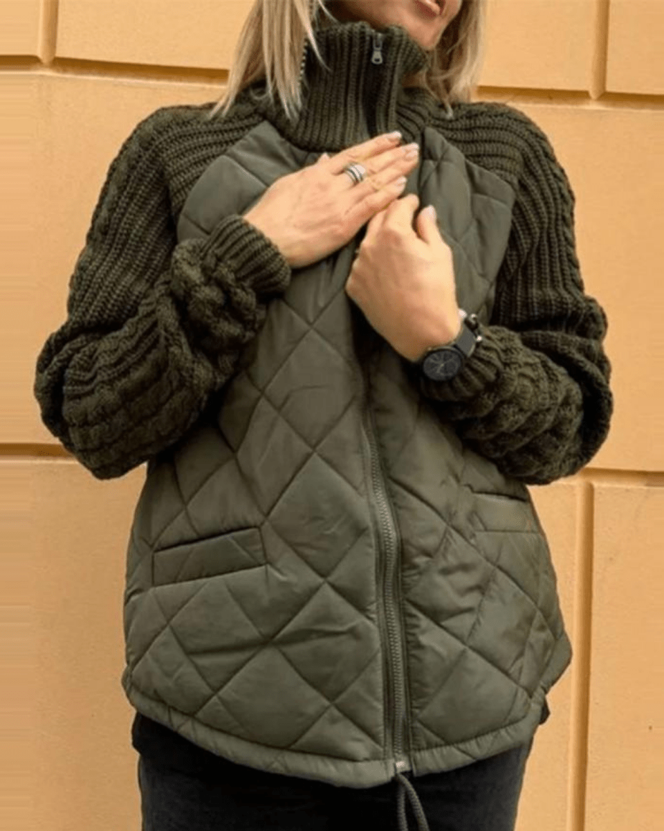 Quilted Puffer Jacket with Knitted Sleeves for Women