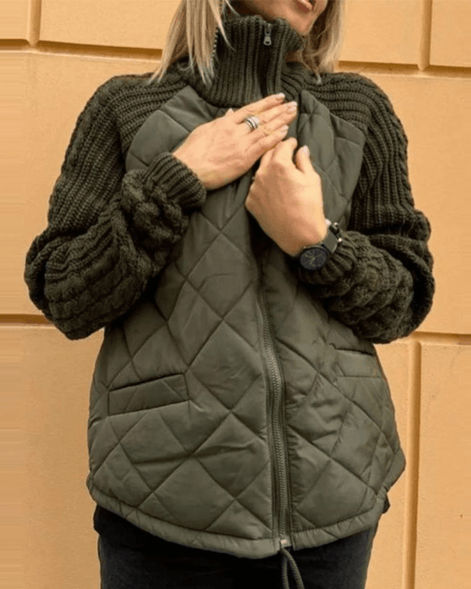 Quilted Puffer Jacket with Knitted Sleeves for Women