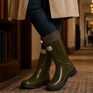 Women's Knee-High Glossy Rubber Wellies with Drawstring Cuff