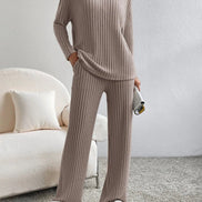 Women's Ribbed V-Neck Top and Trousers Two Piece Set