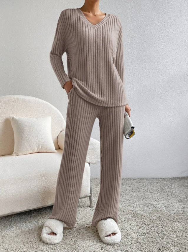 Women's Ribbed V-Neck Top and Trousers Two Piece Set