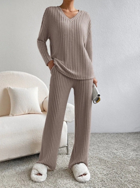 Women's Ribbed V-Neck Top and Trousers Two Piece Set