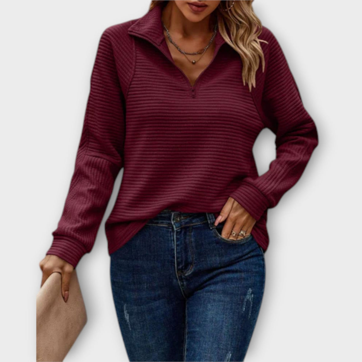 Chrystah Ribbed Quarter-Zip Sweatshirt for Women's Wardrobe