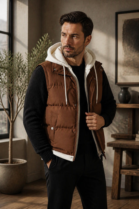 Men's Double-Layered Hood Padded Puffer Vest