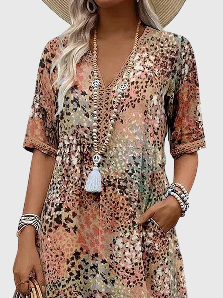 Bella Floral V-Neck Midi Dress with Pockets in Polyester