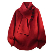 Women's Ribbed Knit Jumper with Draped Scarf-Neck Collar