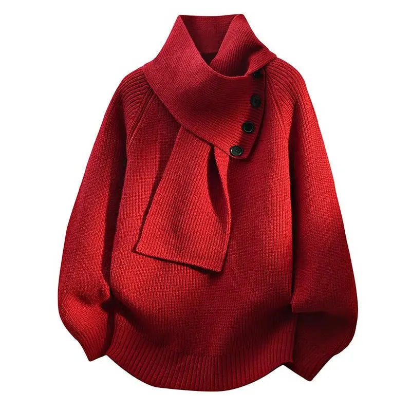 Women's Ribbed Knit Jumper with Draped Scarf-Neck Collar