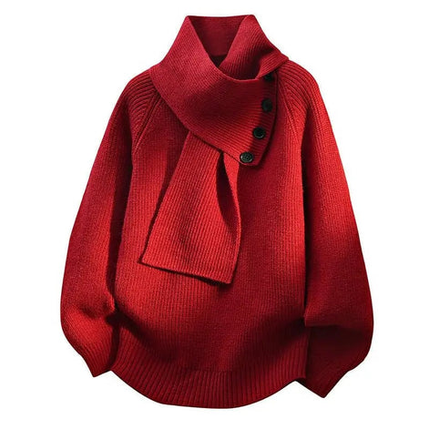 Women's Ribbed Knit Jumper with Draped Scarf-Neck Collar
