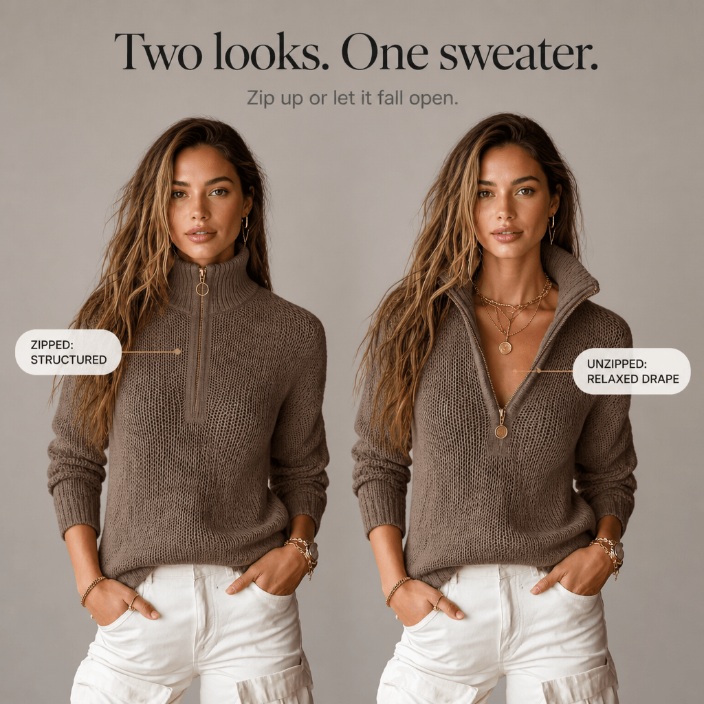 Women's Half-Zip Textured Knit Jumper with Convertible Collar