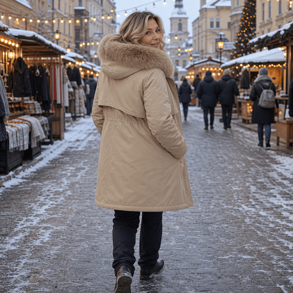 Women's Hooded Mid-Length Parka Coat with Faux-Fur Trim