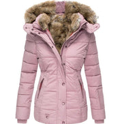 Faux Fur Hooded Puffer Winter Jacket with Detachable Trim for Women