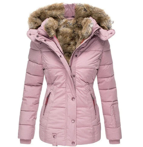 Faux Fur Hooded Puffer Winter Jacket with Detachable Trim for Women