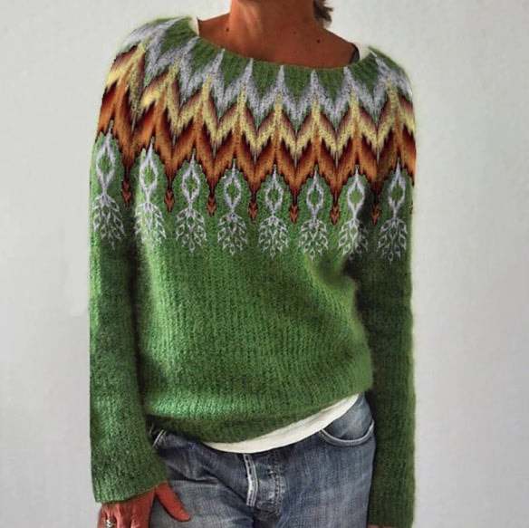 Women's Cotton Tree Print Knitted Jumper with Crew Neck