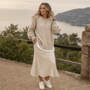 Women's Drop-Shoulder Lantern Sleeve Chunky Knitted Jumper with Side Slits