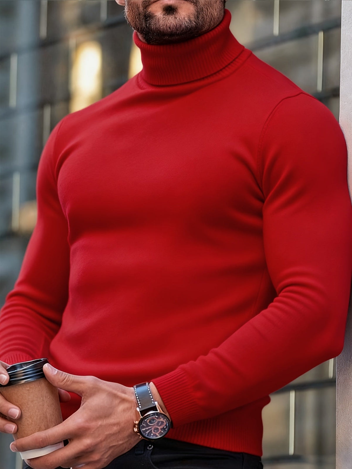 Men's Ribbed Turtleneck Knit Jumper with Long Sleeves