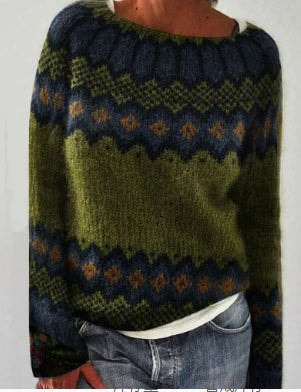 Dorothea Fair Isle Boat Neck Knit Jumper with Striped Trim