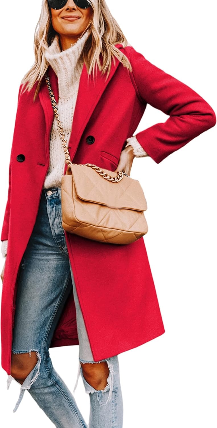 Women's Notch Lapel Double-Breasted Long Wool Winter Coat with Side Pockets