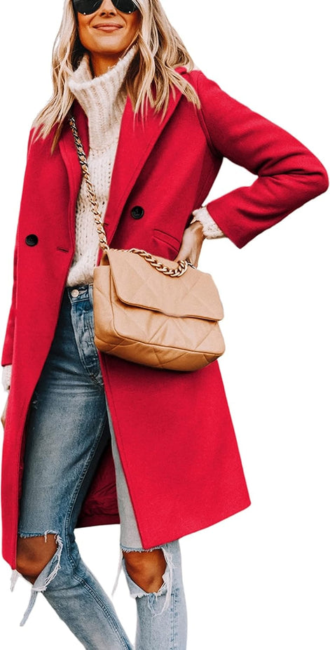 Women's Notch Lapel Double-Breasted Long Wool Winter Coat with Side Pockets
