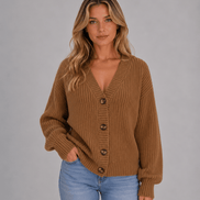 Chunky Ribbed Knit Button-Front V-Neck Women's Cardigan Jumper