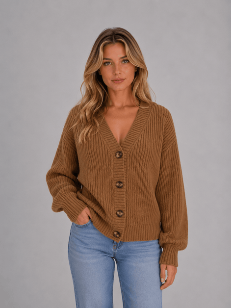 Chunky Ribbed Knit Button-Front V-Neck Women's Cardigan Jumper