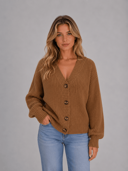 Chunky Ribbed Knit Button-Front V-Neck Women's Cardigan Jumper