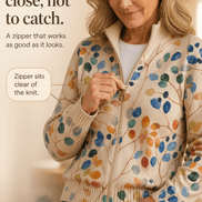 Botanical Print Zip-Up Knit Cardigan with Ribbed Trim