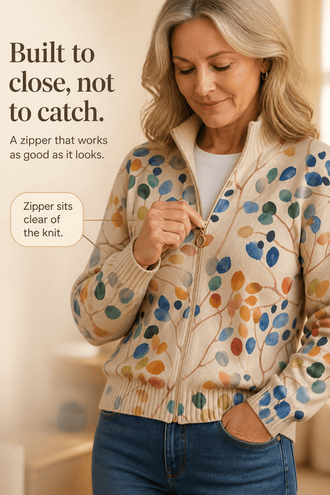 Botanical Print Zip-Up Knit Cardigan with Ribbed Trim