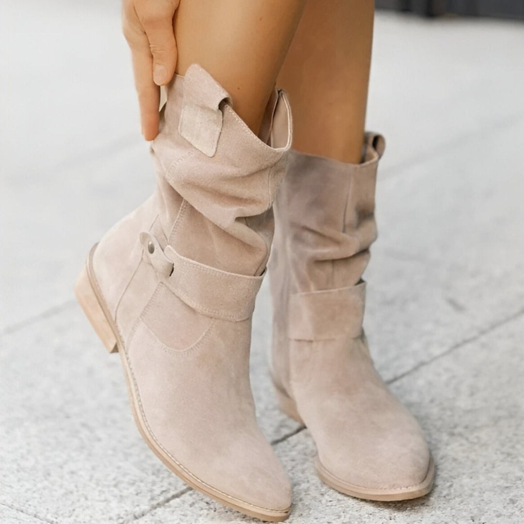 Anika Slouchy Faux Suede Women's Boots with Buckle Strap Detail