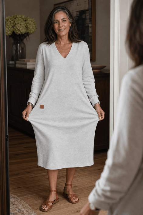 Women's A-Line V-Neck Midi Dress with Long Sleeves