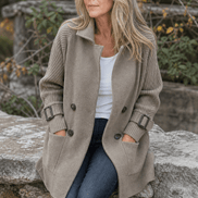 Cable-Knit Sleeve Double-Breasted Longline Coat for Women